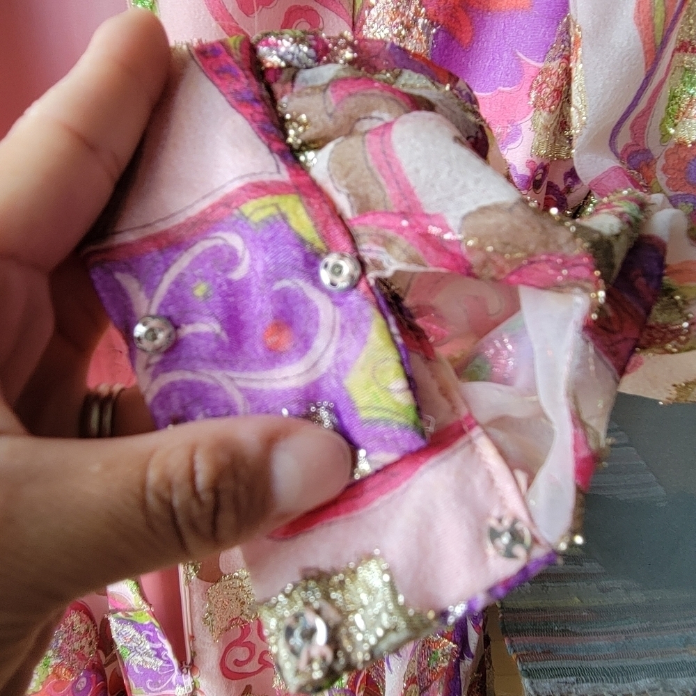Vintage Handmade Custome Japanese Asian Pink Gold Flowering Long Dress Pink Bow - Picture 9 of 15